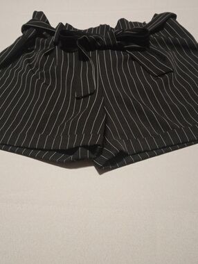 Black Pinstripe Paperbag Waist Shorts with Self-Tie